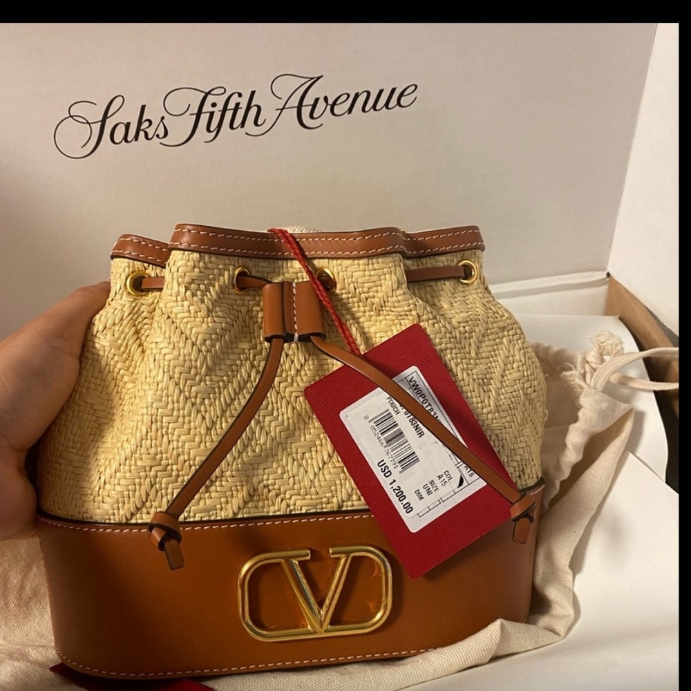 Valentino Beige Straw and Brown Leather Bucket Bag with Gold V Logo
